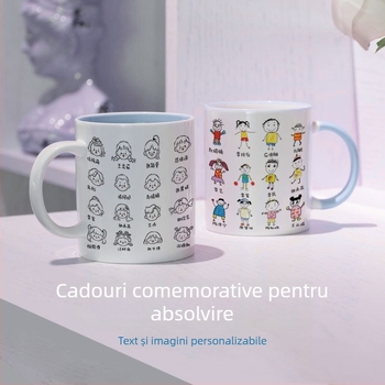 Cană ceramică pentru copii cu autoportret desen animat – sigilată și etanșă, personalizabilă, suvenir de absolvire