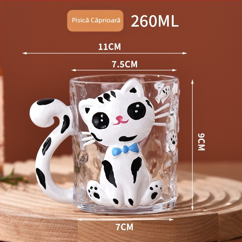 Ceșuță din sticlă de cristal cu design cu pisică desen animat, formă cilindrică cu mâner (sticlă de cristal; stil desen animat; formă cilindrică; 200 g; personalizare disponibilă)