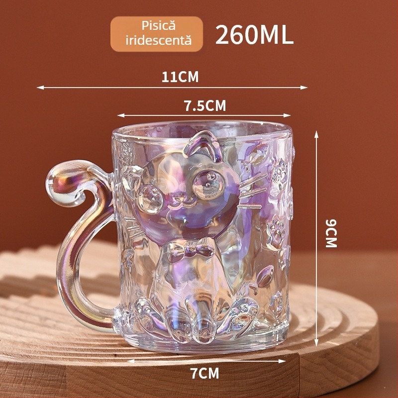 Ceșuță din sticlă de cristal cu design cu pisică desen animat, formă cilindrică cu mâner (sticlă de cristal; stil desen animat; formă cilindrică; 200 g; personalizare disponibilă)