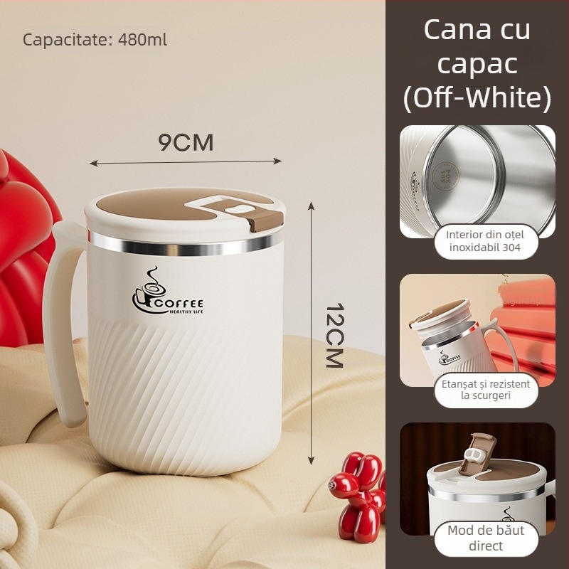 Cana de ceai cu infuzor, din oțel inoxidabil 304, portabilă, cu capac și linguriță