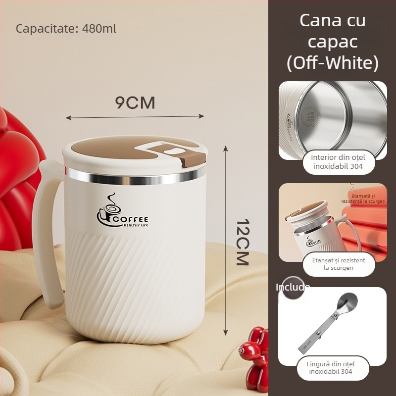 Cana de ceai cu infuzor, din oțel inoxidabil 304, portabilă, cu capac și linguriță