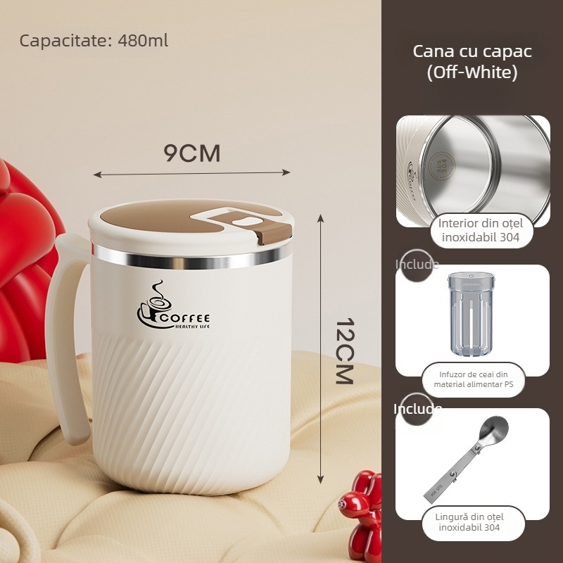 Cana de ceai cu infuzor, din oțel inoxidabil 304, portabilă, cu capac și linguriță