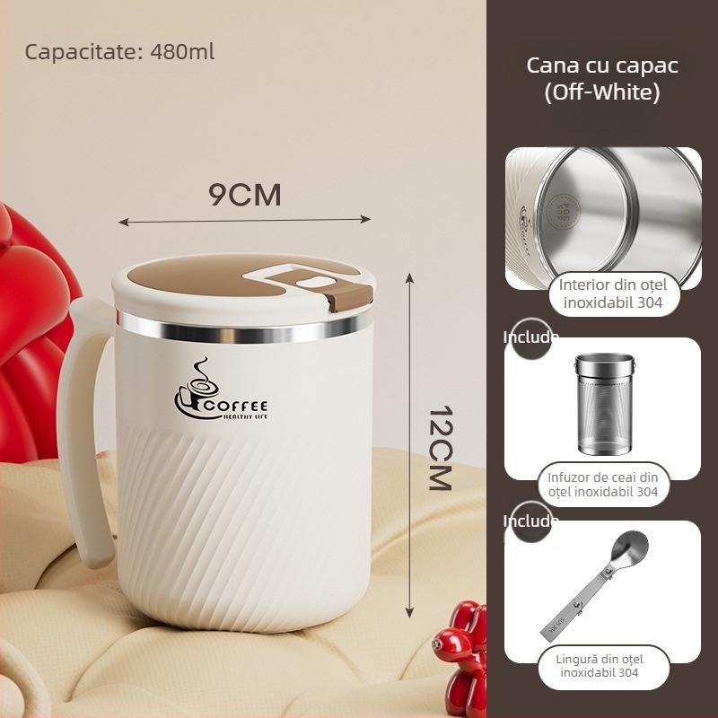 Cana de ceai cu infuzor, din oțel inoxidabil 304, portabilă, cu capac și linguriță