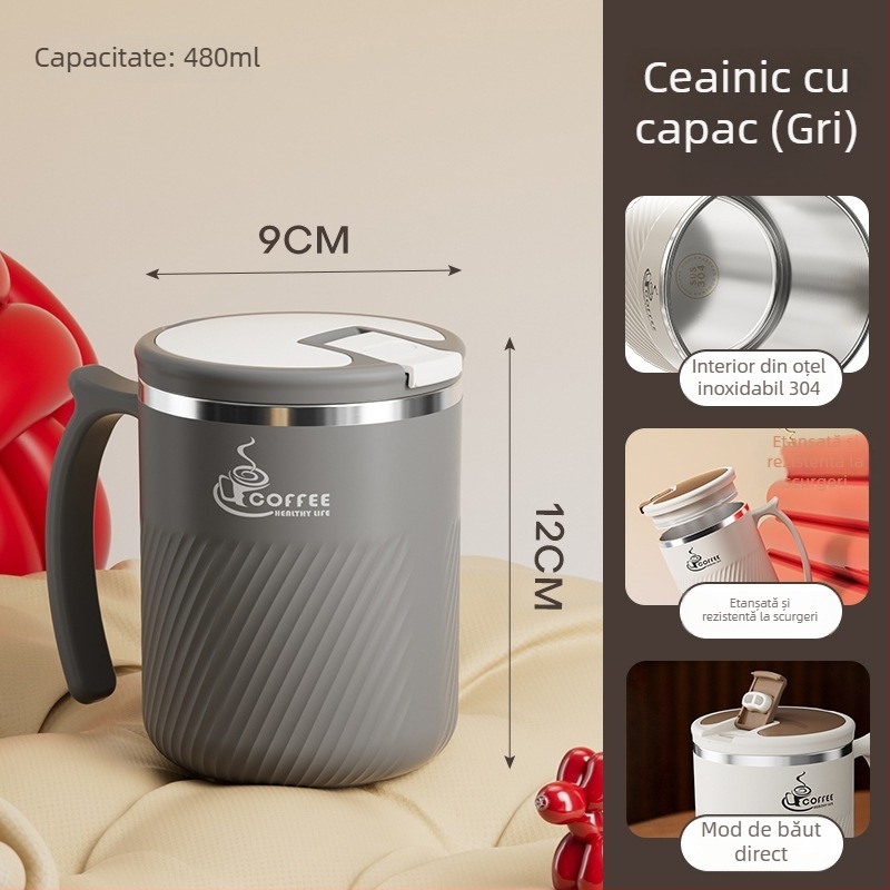 Cana de ceai cu infuzor, din oțel inoxidabil 304, portabilă, cu capac și linguriță