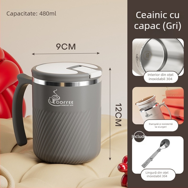 Cana de ceai cu infuzor, din oțel inoxidabil 304, portabilă, cu capac și linguriță
