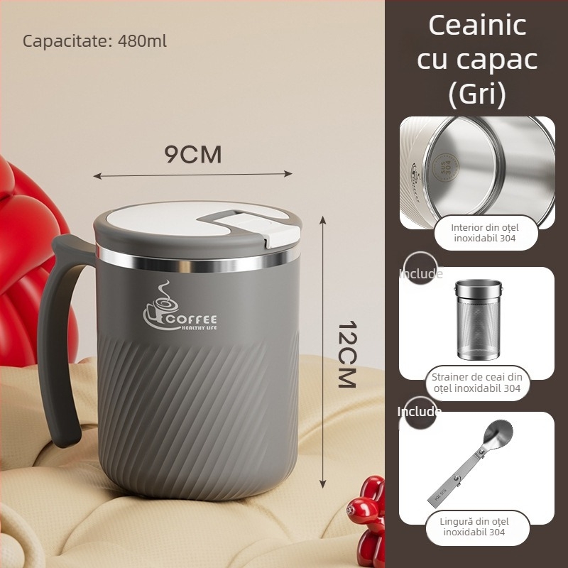 Cana de ceai cu infuzor, din oțel inoxidabil 304, portabilă, cu capac și linguriță