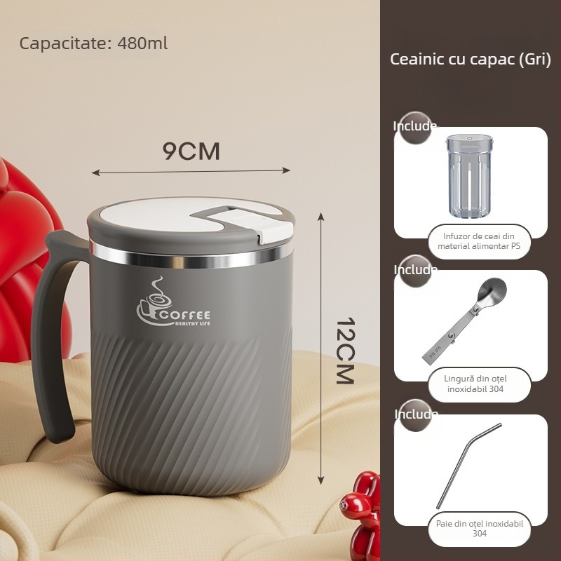 Cana de ceai cu infuzor, din oțel inoxidabil 304, portabilă, cu capac și linguriță