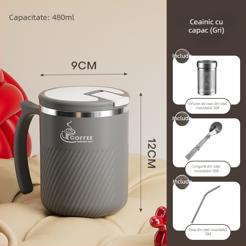 Cana de ceai cu infuzor, din oțel inoxidabil 304, portabilă, cu capac și linguriță