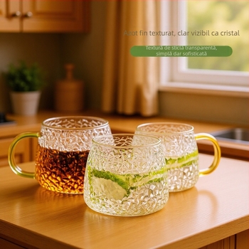 Pahar de apă cu mâner, stil japonez, sticlă borosilicată, strat unic, rezistent la temperaturi înalte