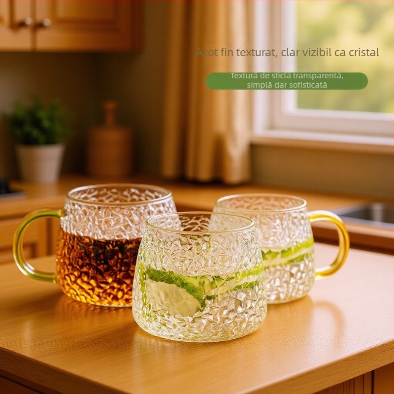 Pahar de apă cu mâner, stil japonez, sticlă borosilicată, strat unic, rezistent la temperaturi înalte