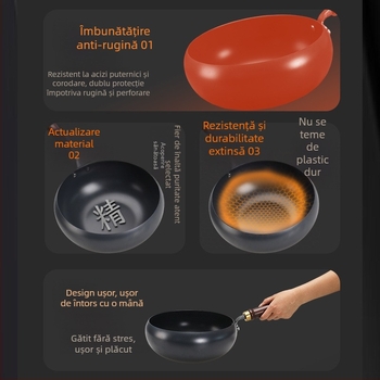 Wok din fier cu burtă mare, neacoperit, fund plat, capac de sticlă, 1,4 kg, stil chinezesc, compatibil cu plita cu inducție