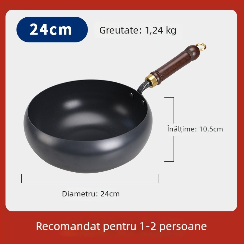 Wok din fier cu burtă mare, neacoperit, fund plat, capac de sticlă, 1,4 kg, stil chinezesc, compatibil cu plita cu inducție