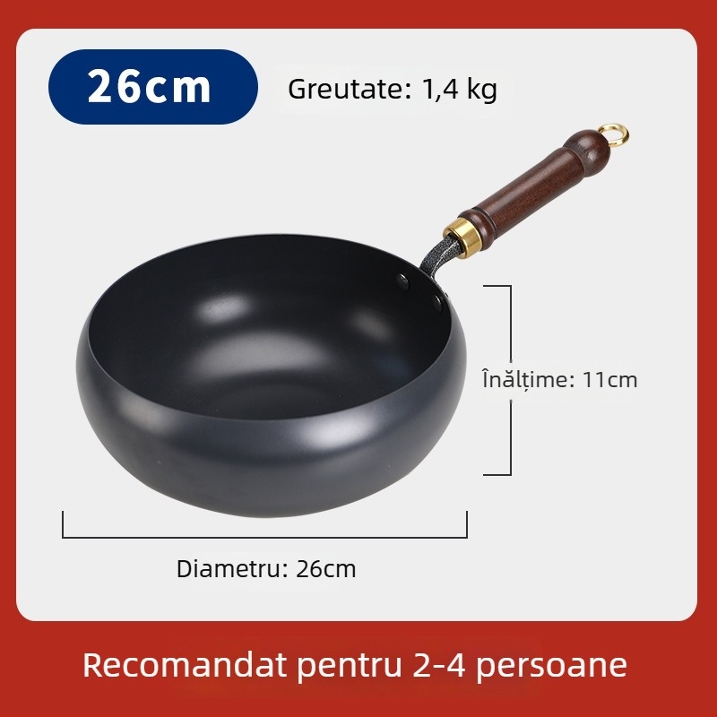 Wok din fier cu burtă mare, neacoperit, fund plat, capac de sticlă, 1,4 kg, stil chinezesc, compatibil cu plita cu inducție