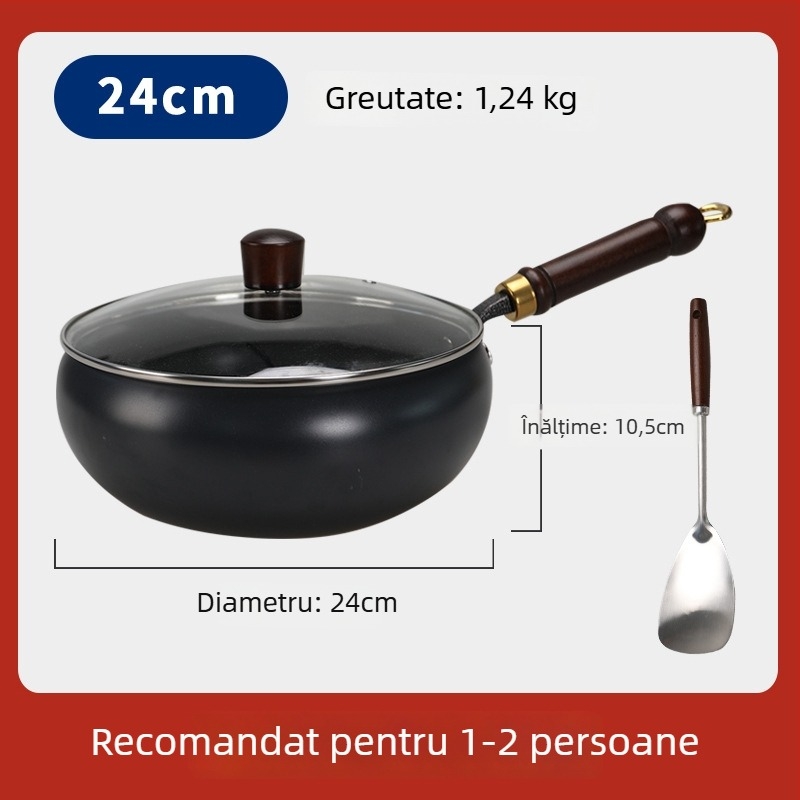 Wok din fier cu burtă mare, neacoperit, fund plat, capac de sticlă, 1,4 kg, stil chinezesc, compatibil cu plita cu inducție