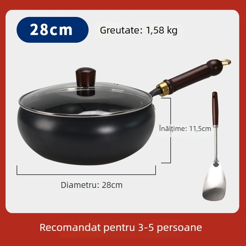 Wok din fier cu burtă mare, neacoperit, fund plat, capac de sticlă, 1,4 kg, stil chinezesc, compatibil cu plita cu inducție