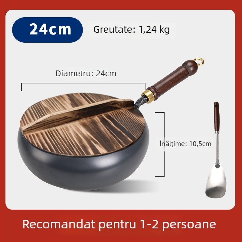 Wok din fier cu burtă mare, neacoperit, fund plat, capac de sticlă, 1,4 kg, stil chinezesc, compatibil cu plita cu inducție