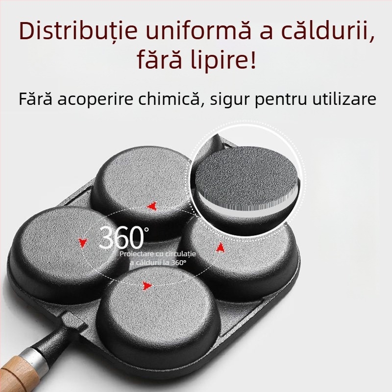 Tigaie din fontă pentru ouă cu 4 găuri, antiaderent, adâncime 2 cm, 1 kg, compatibil cu toate plitele