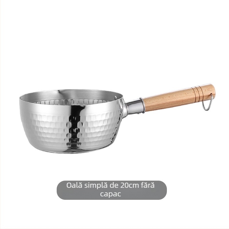 Oală de lapte din oțel inoxidabil 304, mâner din lemn, fără strat, capac din sticlă, fund simplu
