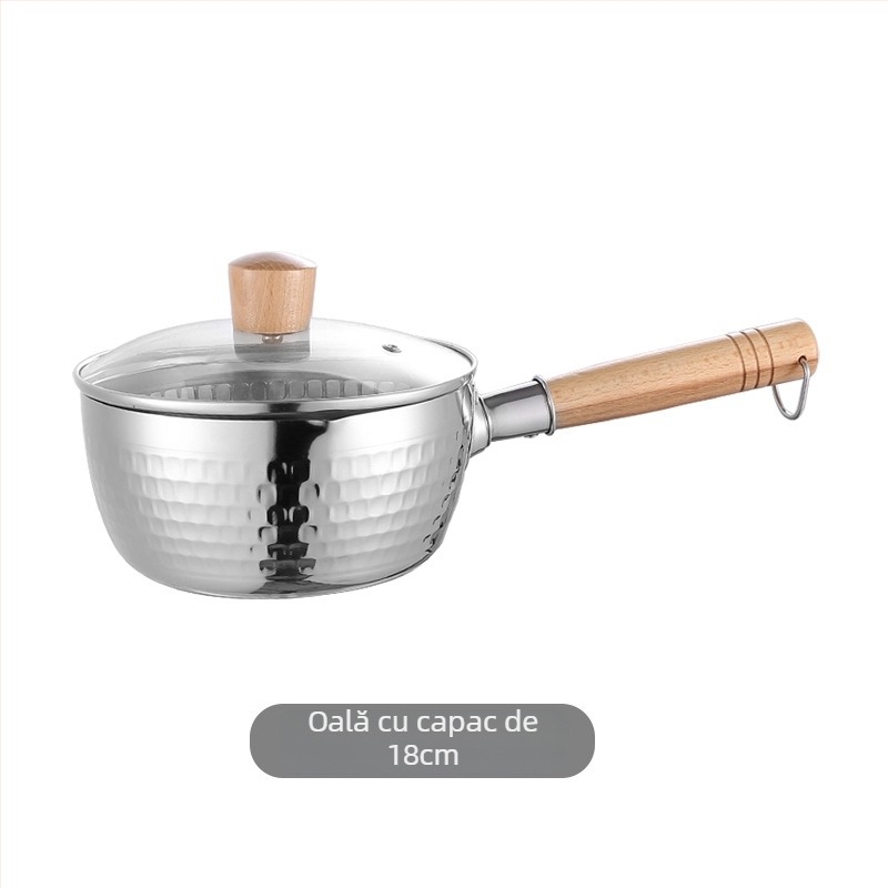 Oală de lapte din oțel inoxidabil 304, mâner din lemn, fără strat, capac din sticlă, fund simplu