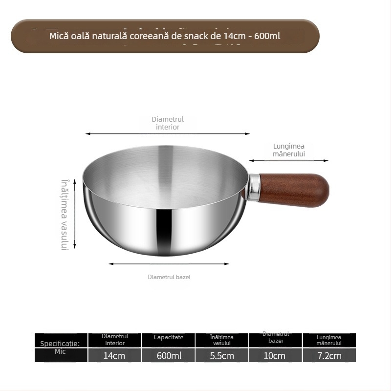 Oală de lapte din oțel inoxidabil 304, mâner din lemn, fără strat, capac din sticlă, fund simplu