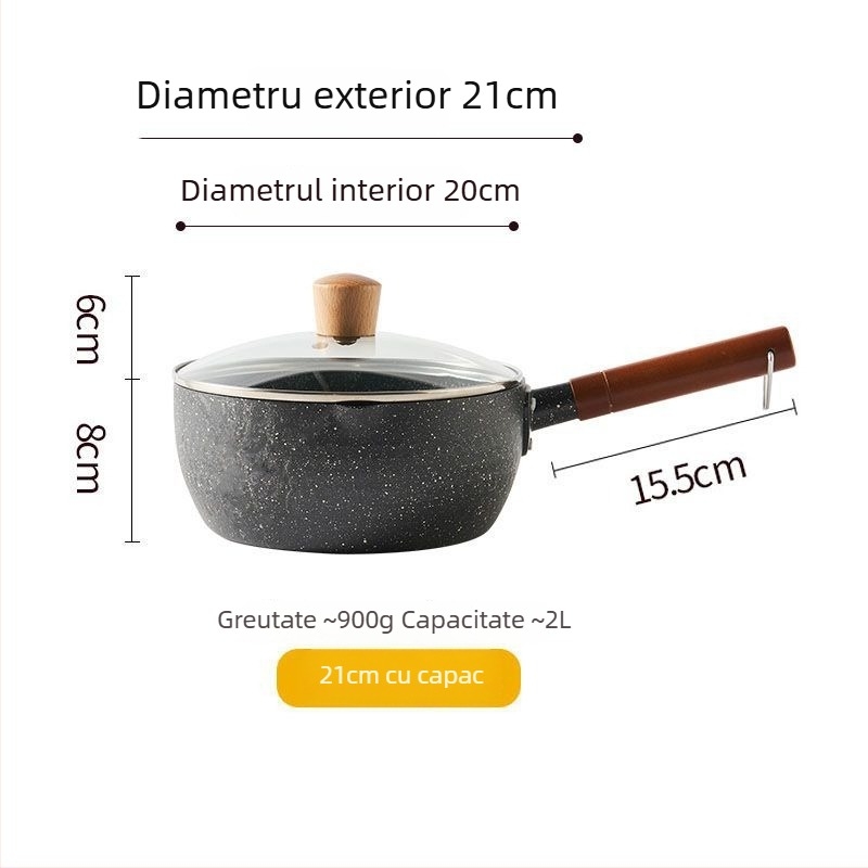 Oală de lapte din fier, cu strat antiaderent, model NG001, capac din sticlă temperată