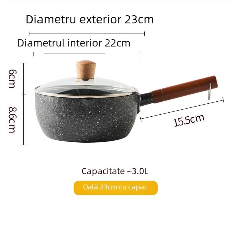 Oală de lapte din fier, cu strat antiaderent, model NG001, capac din sticlă temperată
