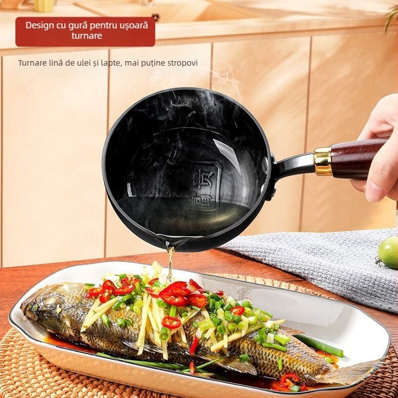 Tigaie din fier forjat pentru ulei încins, adâncime 5,5 cm, greutate 1 kg, compatibilă cu plita universală