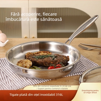 Tigaie de prăjit cu fund plat din oțel inoxidabil 316, fără strat, calitate alimentară, îngroșat, compatibilă cu plita cu inducție
