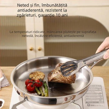Tigaie de prăjit cu fund plat din oțel inoxidabil 316, fără strat, calitate alimentară, îngroșat, compatibilă cu plita cu inducție