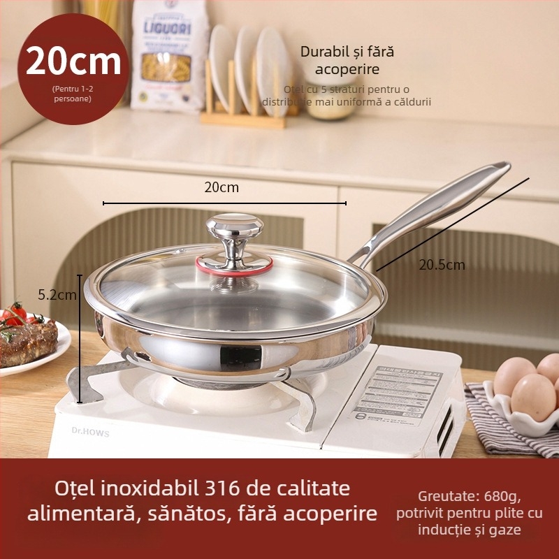 Tigaie de prăjit cu fund plat din oțel inoxidabil 316, fără strat, calitate alimentară, îngroșat, compatibilă cu plita cu inducție