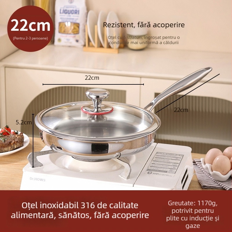 Tigaie de prăjit cu fund plat din oțel inoxidabil 316, fără strat, calitate alimentară, îngroșat, compatibilă cu plita cu inducție