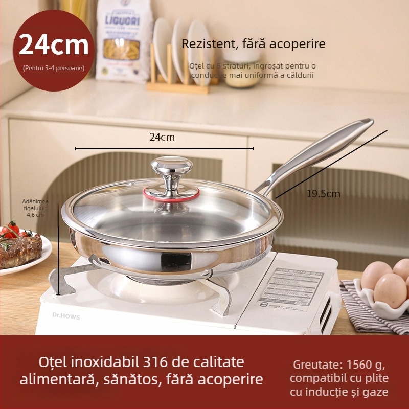 Tigaie de prăjit cu fund plat din oțel inoxidabil 316, fără strat, calitate alimentară, îngroșat, compatibilă cu plita cu inducție