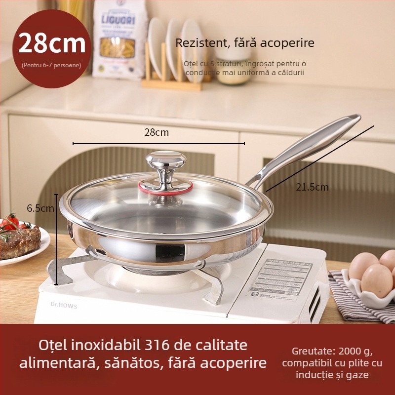 Tigaie de prăjit cu fund plat din oțel inoxidabil 316, fără strat, calitate alimentară, îngroșat, compatibilă cu plita cu inducție