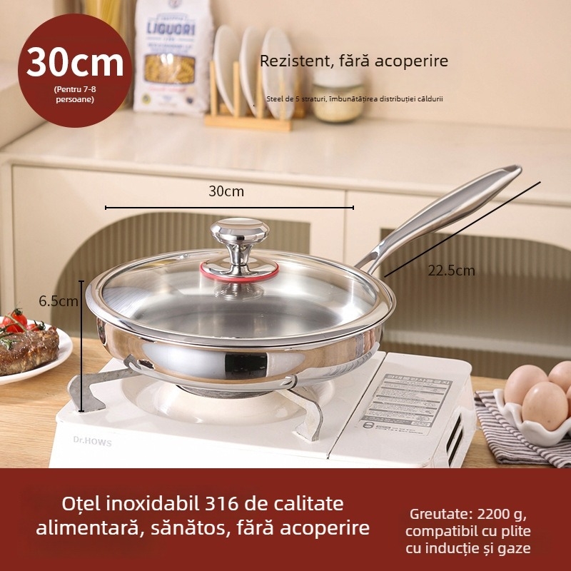 Tigaie de prăjit cu fund plat din oțel inoxidabil 316, fără strat, calitate alimentară, îngroșat, compatibilă cu plita cu inducție