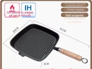Tigaie de prăjit cu fund plat din fontă, model NPJG, adâncime 3 cm, greutate 1 kg, fără fum