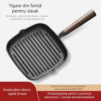 Tigaie de prăjit cu fund plat din fontă, model NPJG, adâncime 3 cm, greutate 1 kg, fără fum