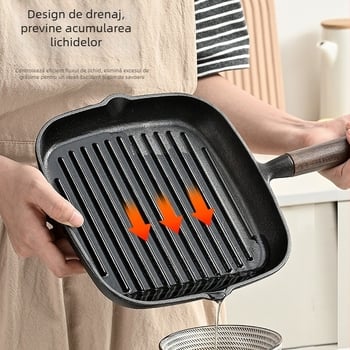 Tigaie de prăjit cu fund plat din fontă, model NPJG, adâncime 3 cm, greutate 1 kg, fără fum