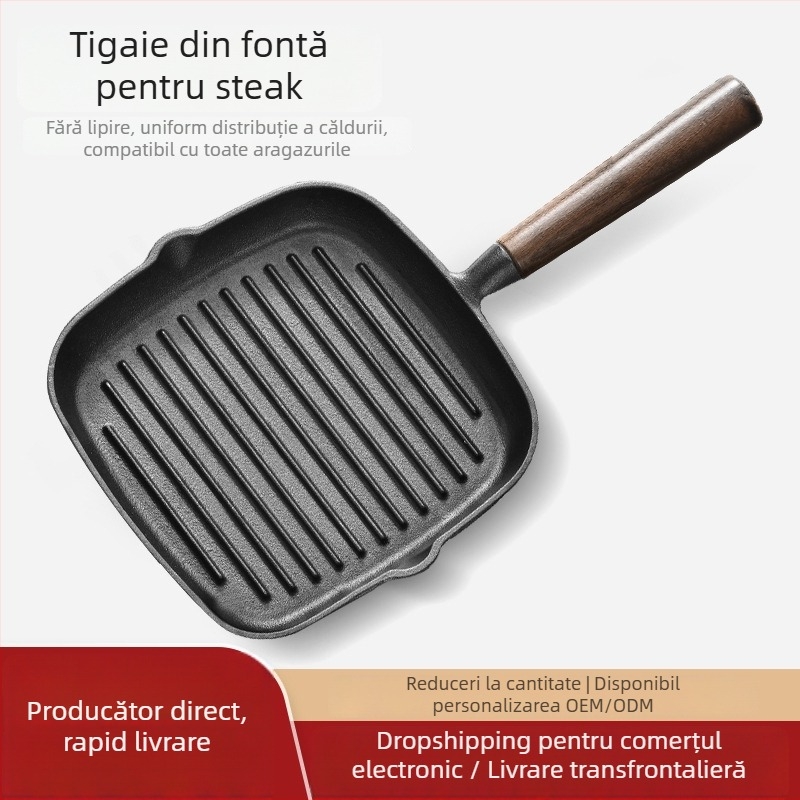 Tigaie de prăjit cu fund plat din fontă, model NPJG, adâncime 3 cm, greutate 1 kg, fără fum