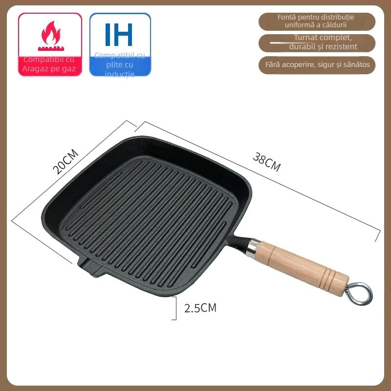 Tigaie de prăjit cu fund plat din fontă, model NPJG, adâncime 3 cm, greutate 1 kg, fără fum