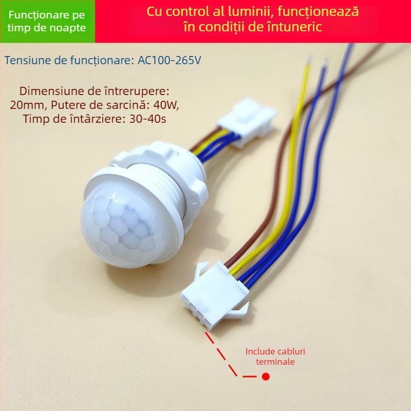 Modul senzor infraroșu pentru corp cu întârziere inteligentă pentru controlul iluminatului, cu senzor de lumină; întârziere 30–40 s; tensiuni 110–240 V AC sau 12–36 V DC; potrivit pentru dulapuri, dozatoare de săpun și iluminat