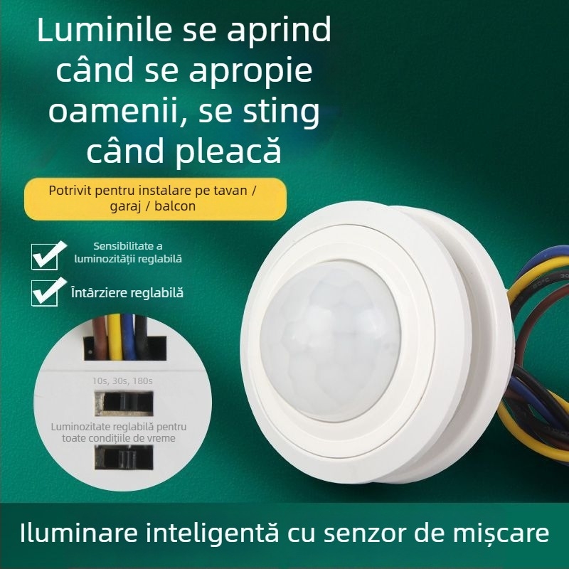 Modul senzor infraroșu pentru corp cu întârziere inteligentă pentru controlul iluminatului, cu senzor de lumină; întârziere 30–40 s; tensiuni 110–240 V AC sau 12–36 V DC; potrivit pentru dulapuri, dozatoare de săpun și iluminat