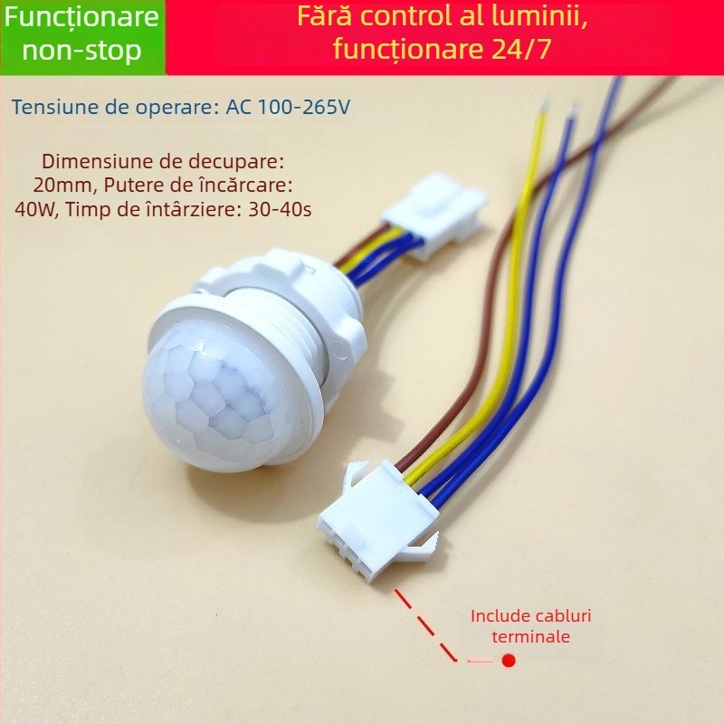 Modul senzor infraroșu pentru corp cu întârziere inteligentă pentru controlul iluminatului, cu senzor de lumină; întârziere 30–40 s; tensiuni 110–240 V AC sau 12–36 V DC; potrivit pentru dulapuri, dozatoare de săpun și iluminat