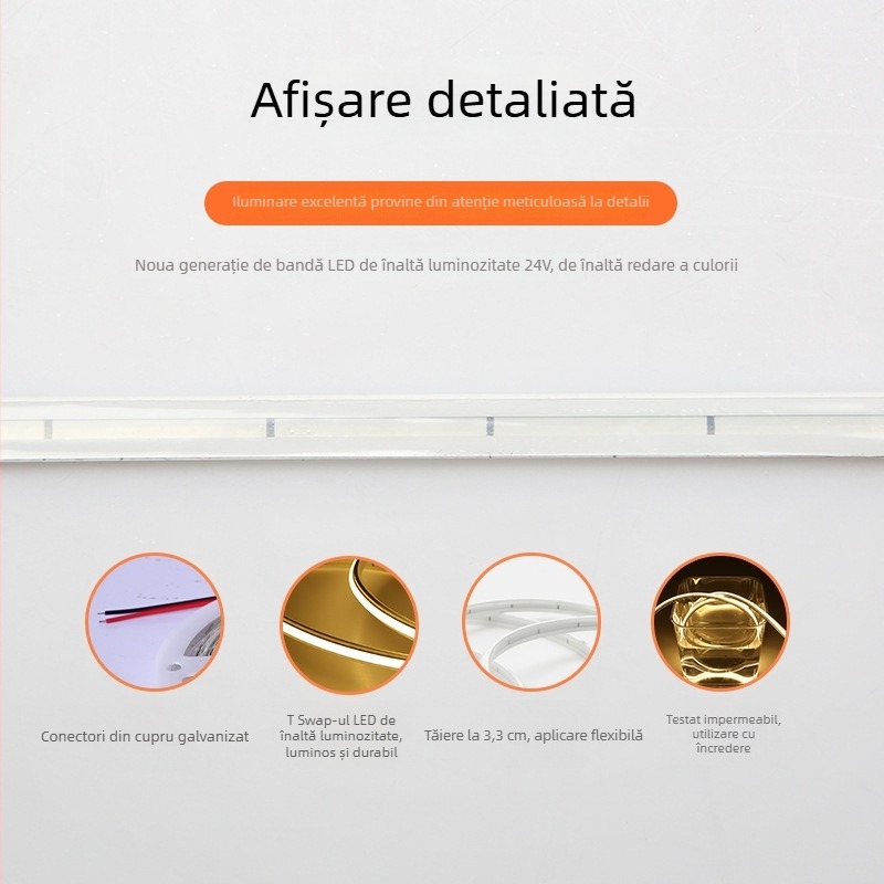 Bandă LED COB cu acoperire siliconică autoadezivă, impermeabilă pentru exterior, 24V, 180 LED (2835), unghi fascicul 120°, 10 W/m, durată de viață 50.000 ore