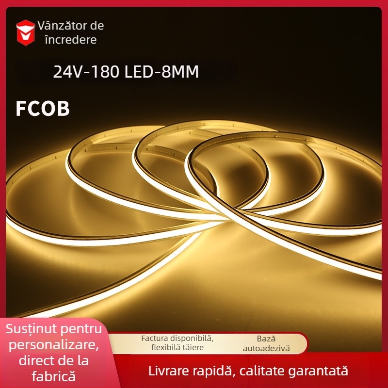 Bandă LED COB cu acoperire siliconică autoadezivă, impermeabilă pentru exterior, 24V, 180 LED (2835), unghi fascicul 120°, 10 W/m, durată de viață 50.000 ore