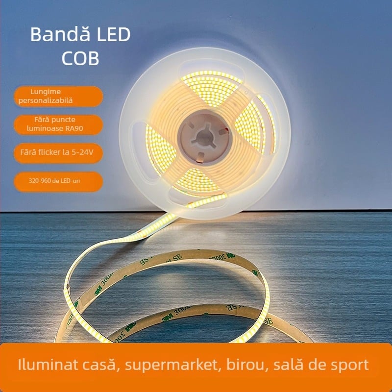 Bandă COB LED, 320 LEDuri, 24–26 lm/LED, fascicul 120°, CRI 90, impermeabilă, control USB