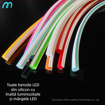 Bandă LED Neon Despărțită — flexibilă din silicon, impermeabilă pentru publicitate în exterior; 8W/m, 5/12V, 110/120 LED (2835), fascicul de 120°, viață 50.000 h