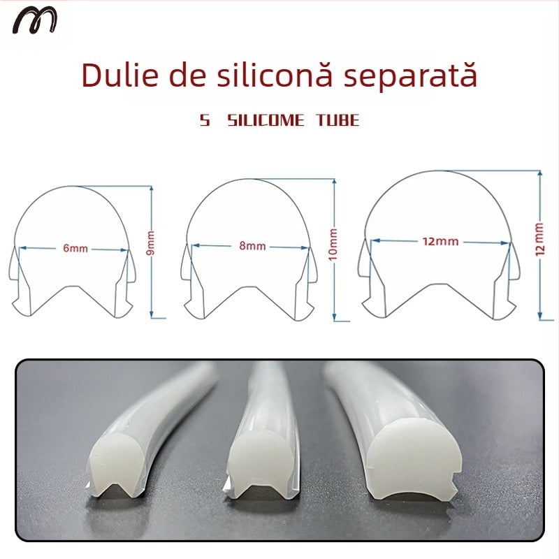 Bandă LED Neon Despărțită — flexibilă din silicon, impermeabilă pentru publicitate în exterior; 8W/m, 5/12V, 110/120 LED (2835), fascicul de 120°, viață 50.000 h