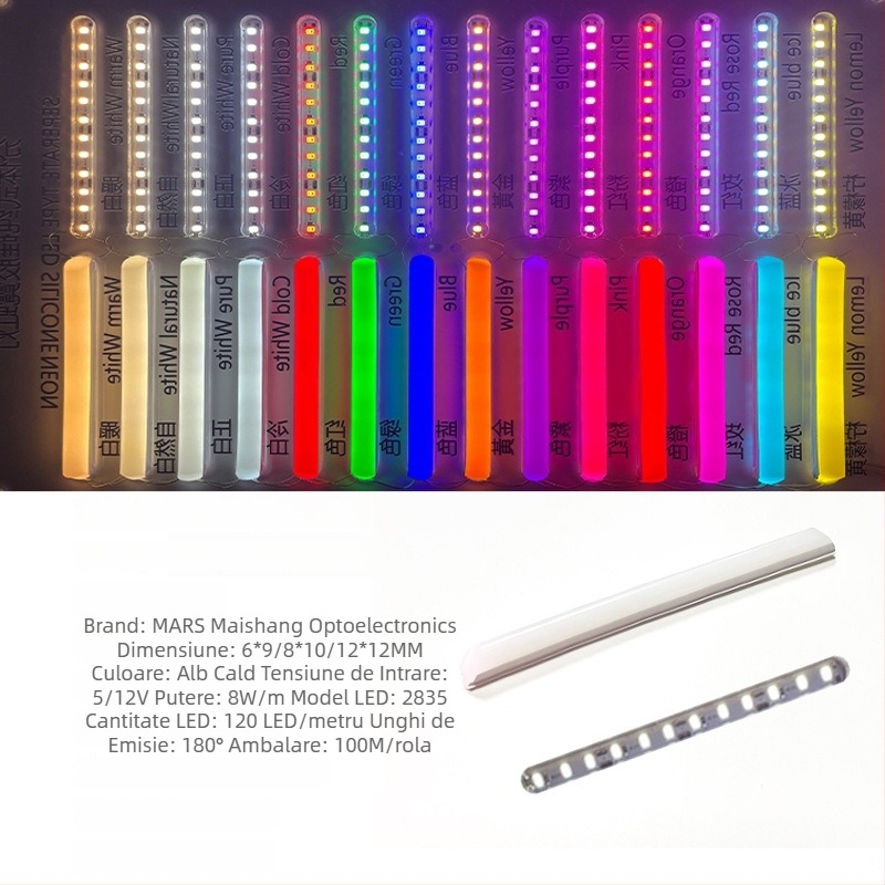 Bandă LED Neon Despărțită — flexibilă din silicon, impermeabilă pentru publicitate în exterior; 8W/m, 5/12V, 110/120 LED (2835), fascicul de 120°, viață 50.000 h