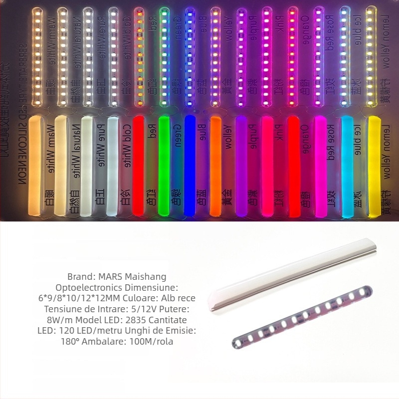 Bandă LED Neon Despărțită — flexibilă din silicon, impermeabilă pentru publicitate în exterior; 8W/m, 5/12V, 110/120 LED (2835), fascicul de 120°, viață 50.000 h