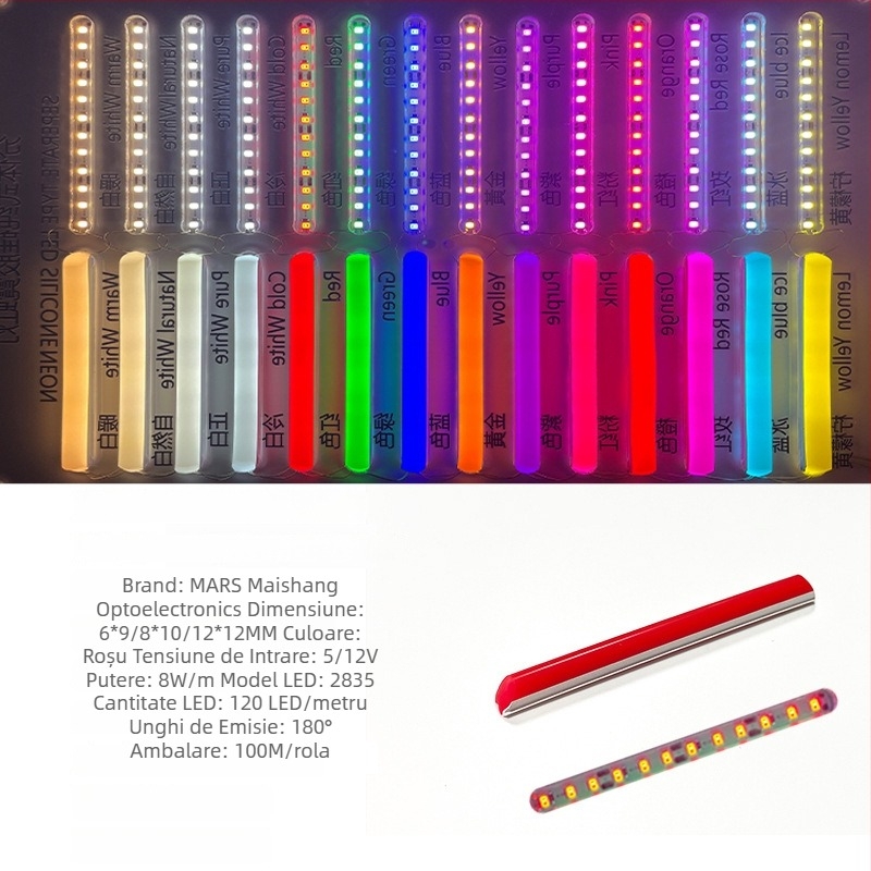 Bandă LED Neon Despărțită — flexibilă din silicon, impermeabilă pentru publicitate în exterior; 8W/m, 5/12V, 110/120 LED (2835), fascicul de 120°, viață 50.000 h